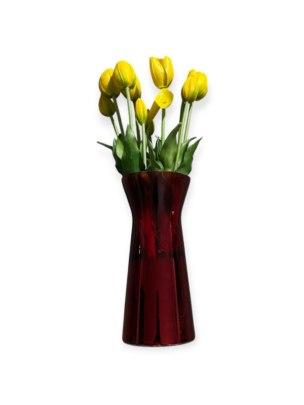 Red Glass Vase with Yellow Tulip Arrangement - Brand